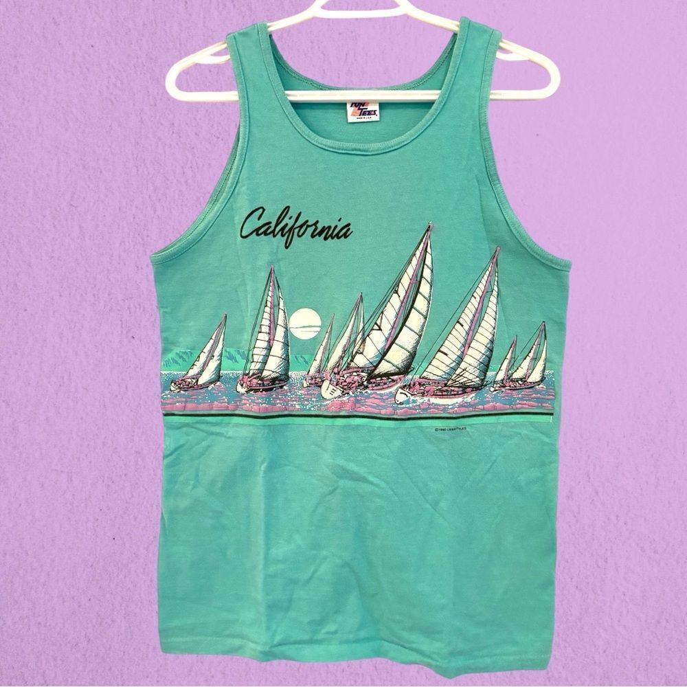 Vintage 1990 California tank top turquoise with sail boats